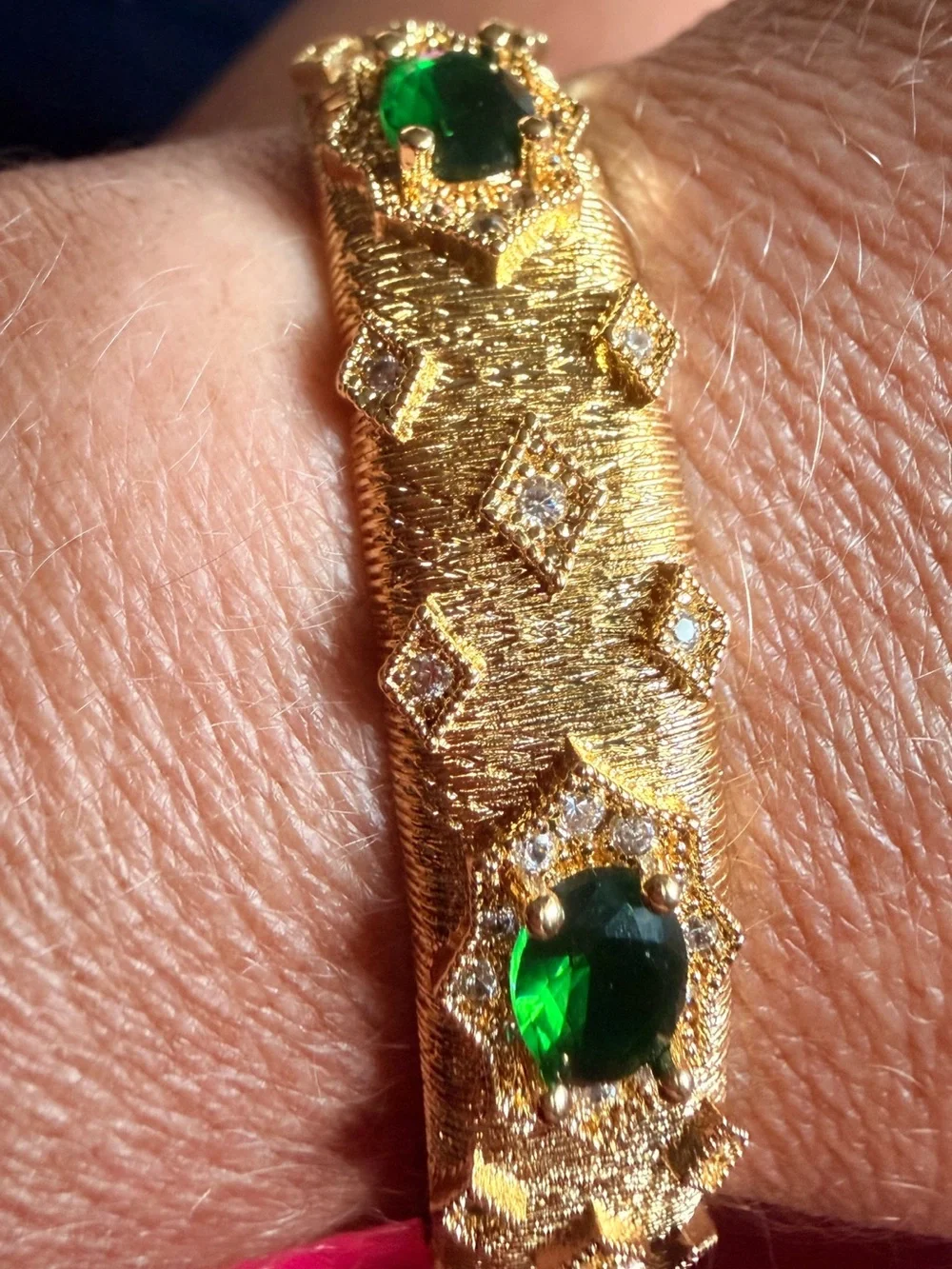 14kt Gold PVD Plated Cuff Bracelet with Green Gemstone Accent